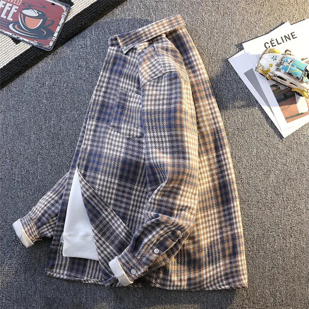 Stylish men's plaid button-up shirt, ultra-soft long sleeve, perfect for warm casual layering.