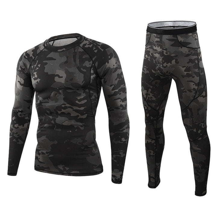 Men's ultra-warm thermal underwear set. Model wears insulated long johns, perfect winter base layer for cold weather.