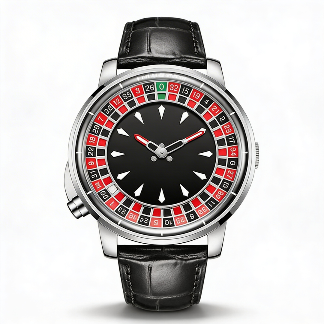 Men's unique roulette dial statement watch with a sleek black face and silver alloy case. Fashion timepiece.