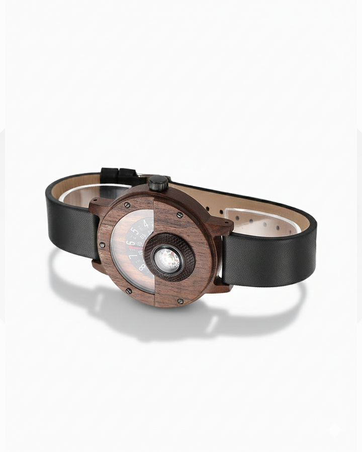 Men's unique wood watch with brown leather strap, featuring a distinctive compass dial.
