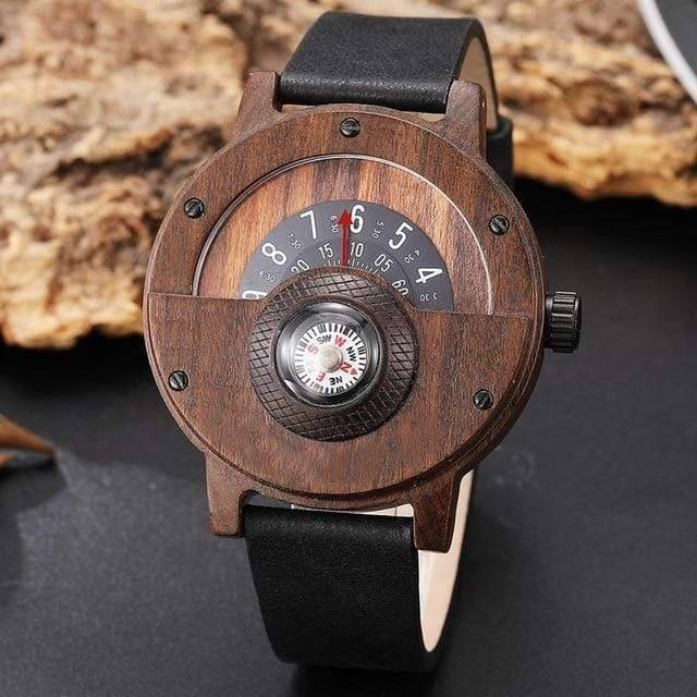 Quarter view of a men's quartz wooden watch showcasing its unique turntable compass dial design