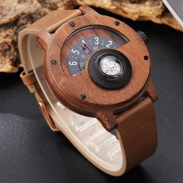 Elegant men's wooden watch, a unique design with a turntable compass dial and precise quartz movement