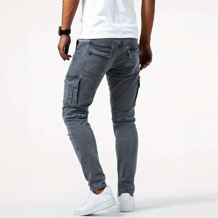 Stylish dark wash Men's Urban Cargo Jeans, perfect for everyday wear, comfort, and modern men's fashion.