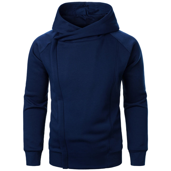 Sleek men's zip hoodie featuring a unique crossover hood, perfect for modern urban and casual styles.
