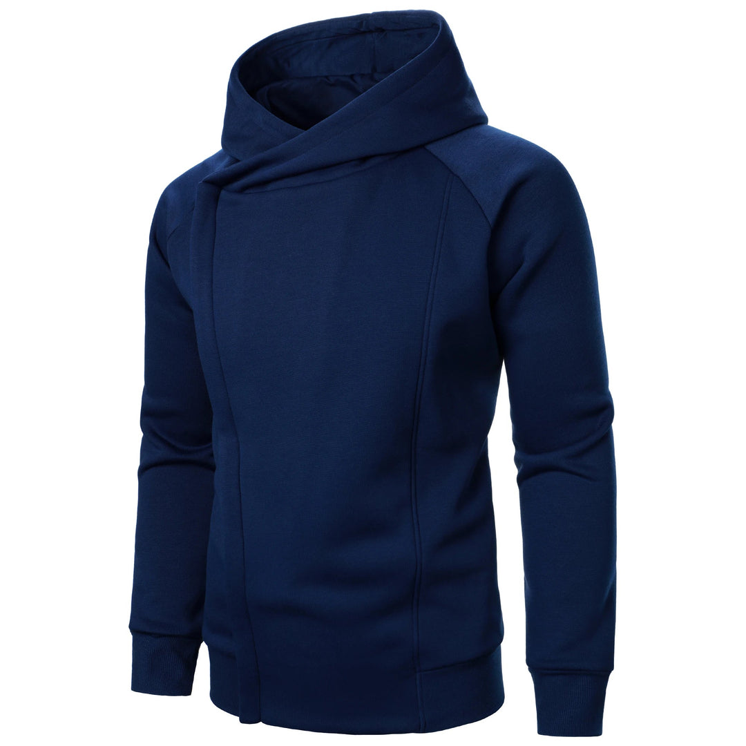 Minimalist men's zip hoodie with crossover hood, offering a modern urban fit for sleek athletic style.