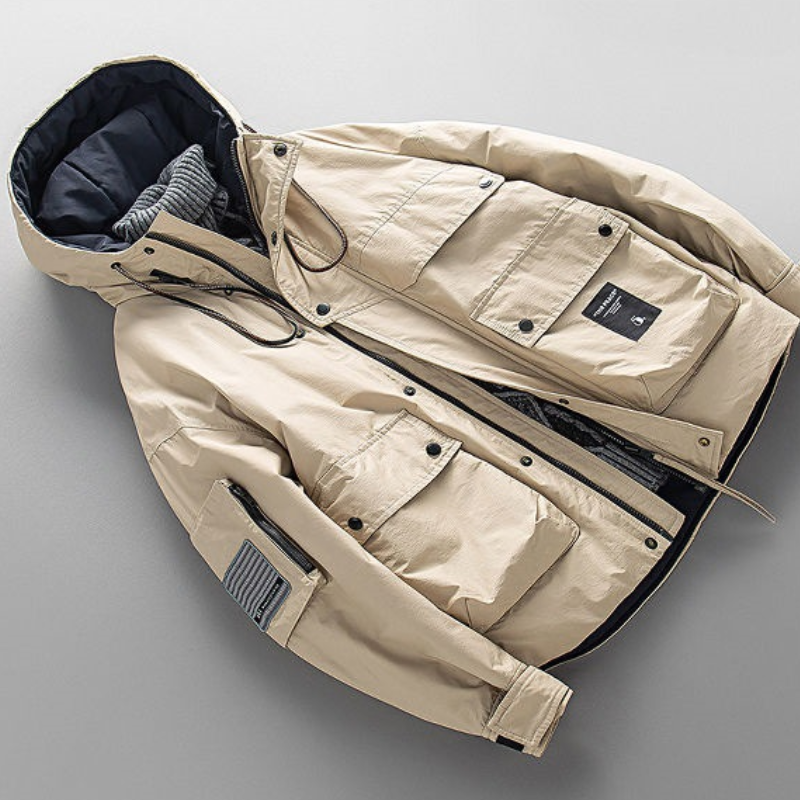 Back of a men's utility winter parka, highlighting its sleek urban style and warm weather protection.