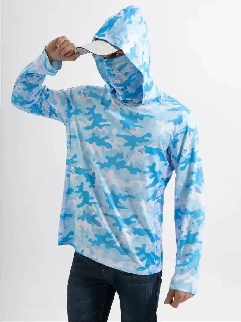 Full-zip men's UV protection hoodie, quick dry outdoor performance, long sleeve.