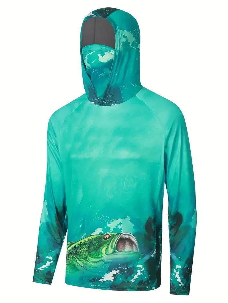 Quick dry men's performance hoodie, long sleeve with SPF, ideal for outdoor activities.