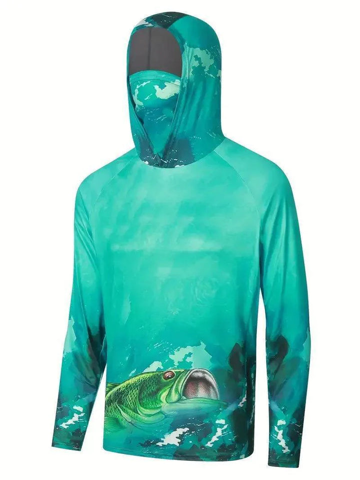 Quick dry men's performance hoodie, long sleeve with SPF, ideal for outdoor activities.