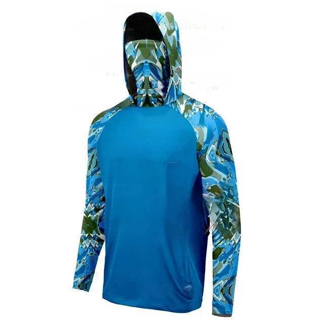 Men's outdoor performance shirt, hooded and long sleeve, with strong UV protection properties.