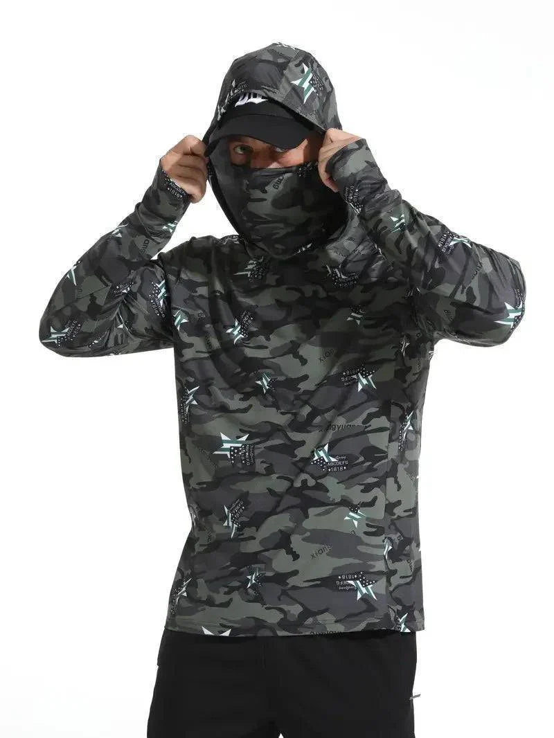 Gray men's quick dry hoodie, ideal for sun protection during fishing or outdoor sports.