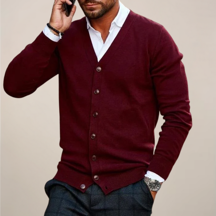 Versatile men's knit V-neck button-up cardigan. Ideal smart casual layer for any occasion, fall, or office.