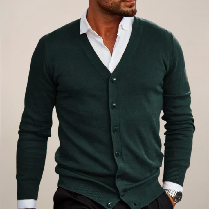 Elegant men's V-neck knit button cardigan. Versatile smart casual layering, ideal for fall or office outfits.