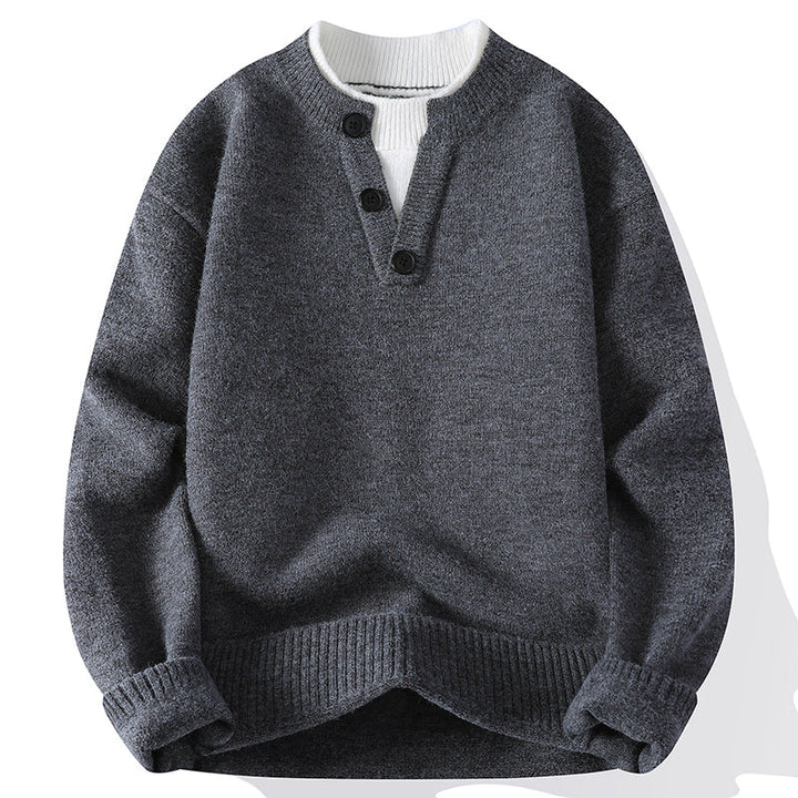 Close-up of a men's v-neck pullover sweater, highlighting the relaxed fit & comfortable long sleeves for casual wear.