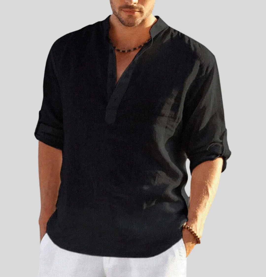 Front view of men's V-neck short sleeve button-up shirt, highlighting the buttons & casual summer style.
