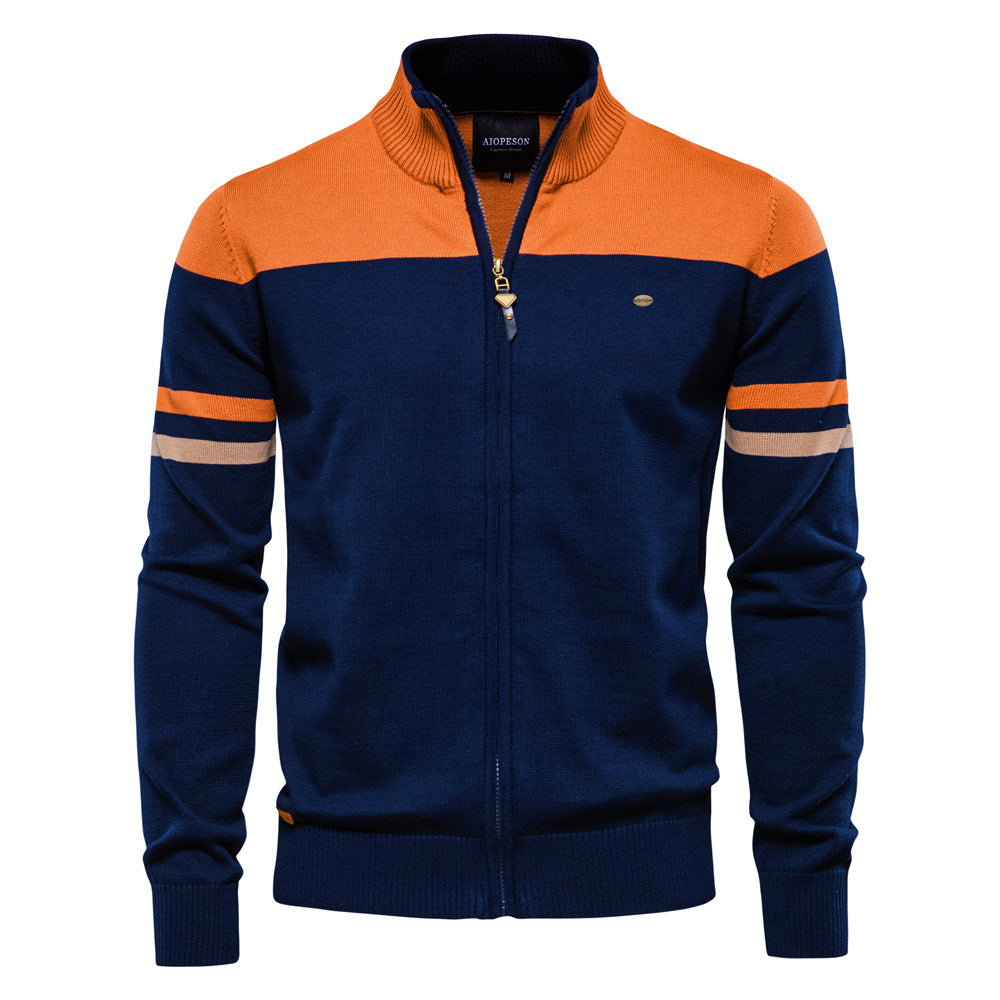 Detail: Zipper on men's Verona colorblock full-zip cardigan sweater. Quality casual knitwear.