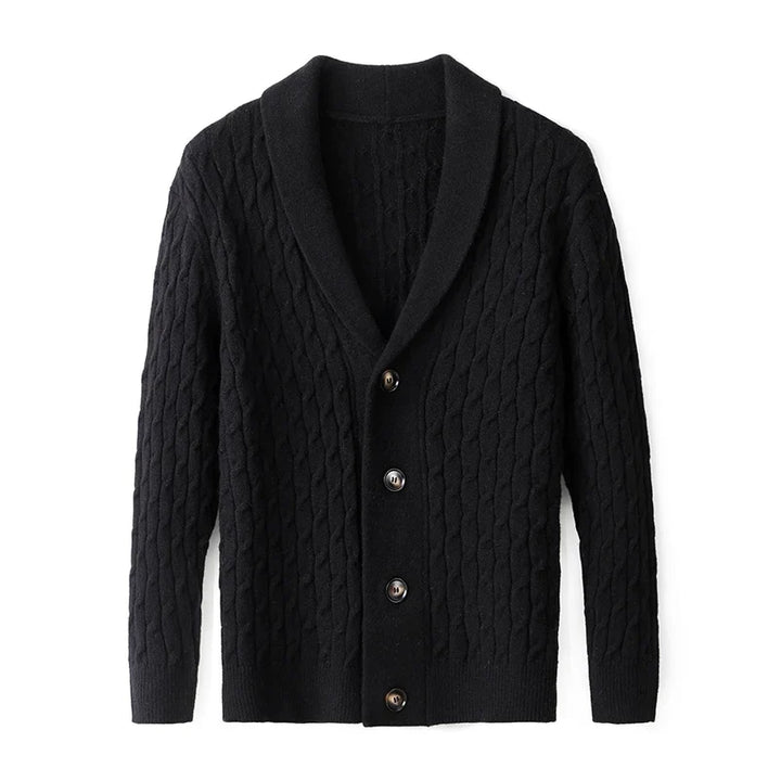 Detail of men's button-up cardigan. Textured knit fabric and button closures for smart casual layered wear.