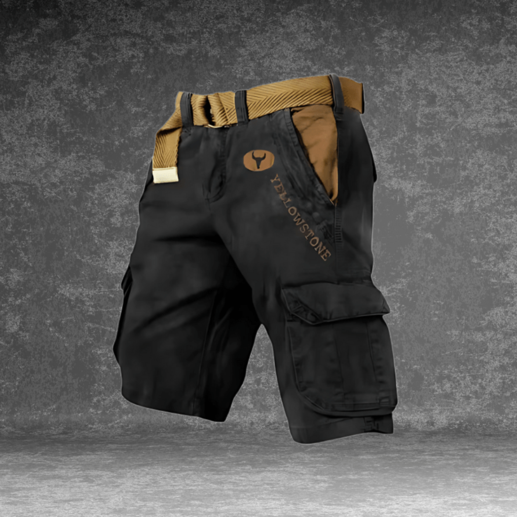 Khaki men's utility shorts, comfortable and durable, featuring multiple spacious cargo pockets for outdoor activities.