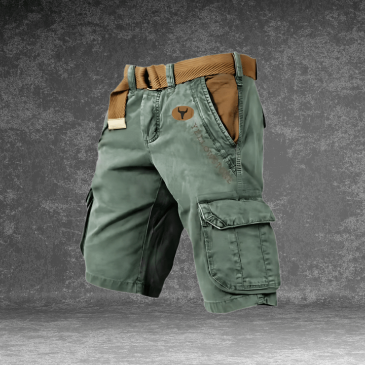 Men's outdoor cargo shorts in olive green, durable for hiking & adventures, with practical multi-pocket design.