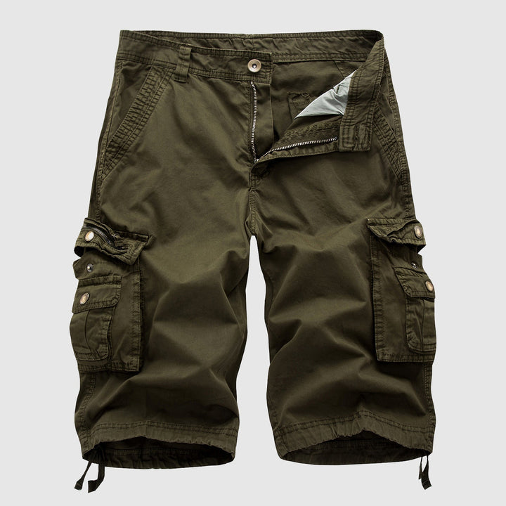 Practical men's utility cargo shorts with multiple pockets and an adjustable hem, great for casual style.