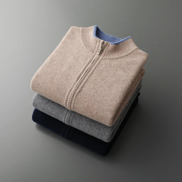 Men's smart casual full-zip cardigan jacket with quality zipper. Essential versatile fall & winter outerwear.