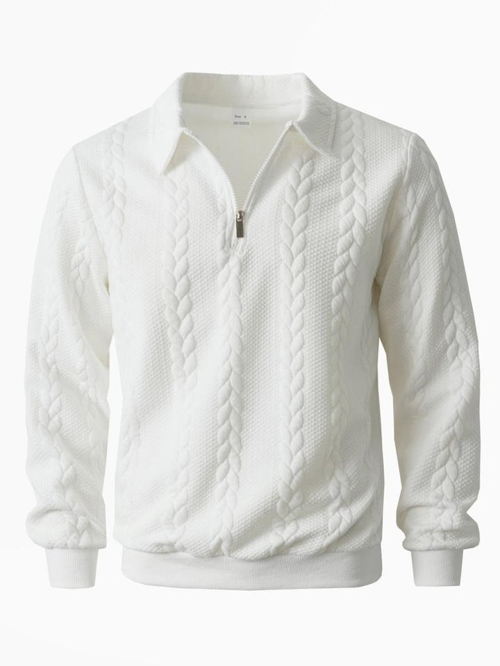 Stylish men's half-zip pullover sweater in a neutral color, ideal for everyday casual wear & fashion.