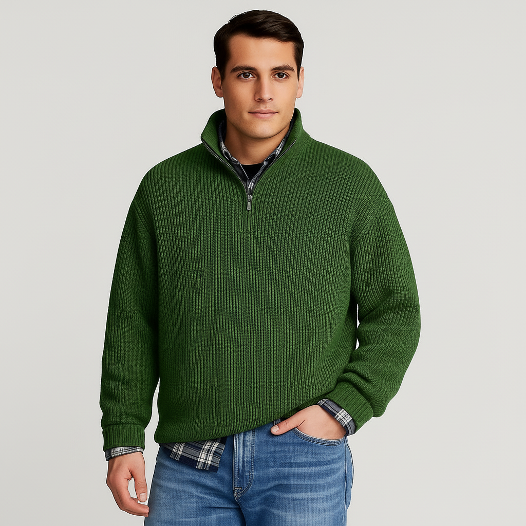 Stylish men's ribbed half-zip sweater with stand collar, a versatile piece for smart casual outfits & fall fashion.