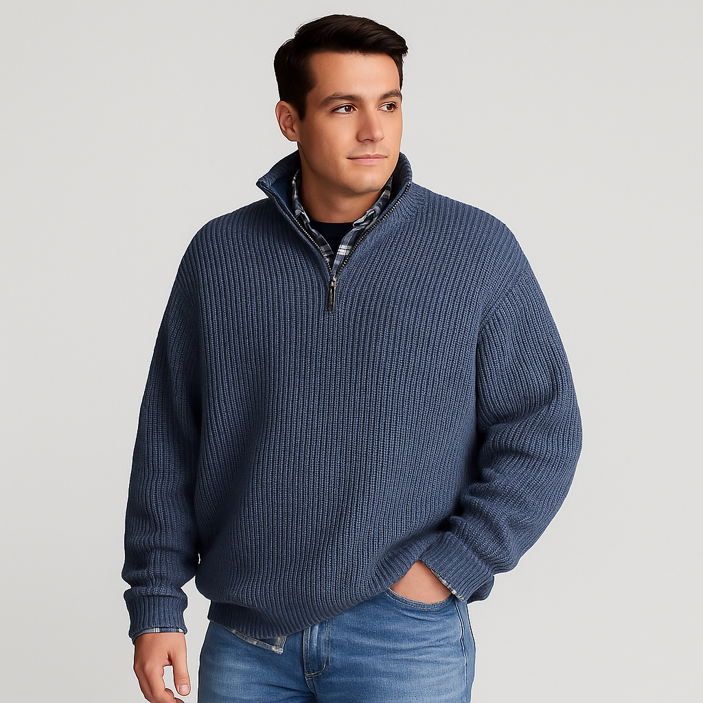 Men's long-sleeve half-zip ribbed sweater, a comfortable pullover with stand collar for everyday versatile wear.