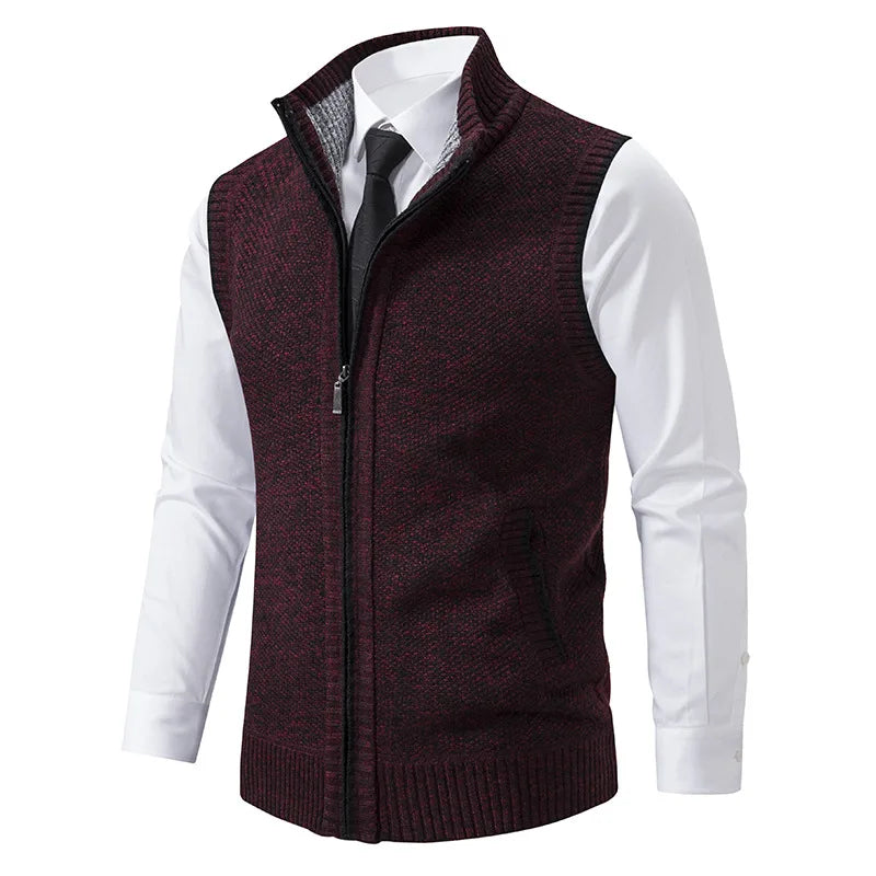Functional men's knit turtleneck vest, a smart layering piece for warmth and style with pockets.