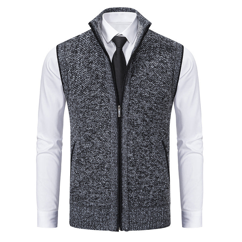 Warm men's casual knit vest featuring a cozy turtleneck and practical front pockets.
