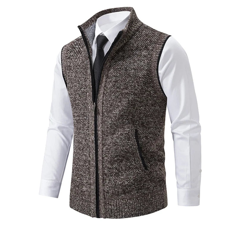 Men's fashion layering piece: a versatile knit turtleneck vest with functional pockets.