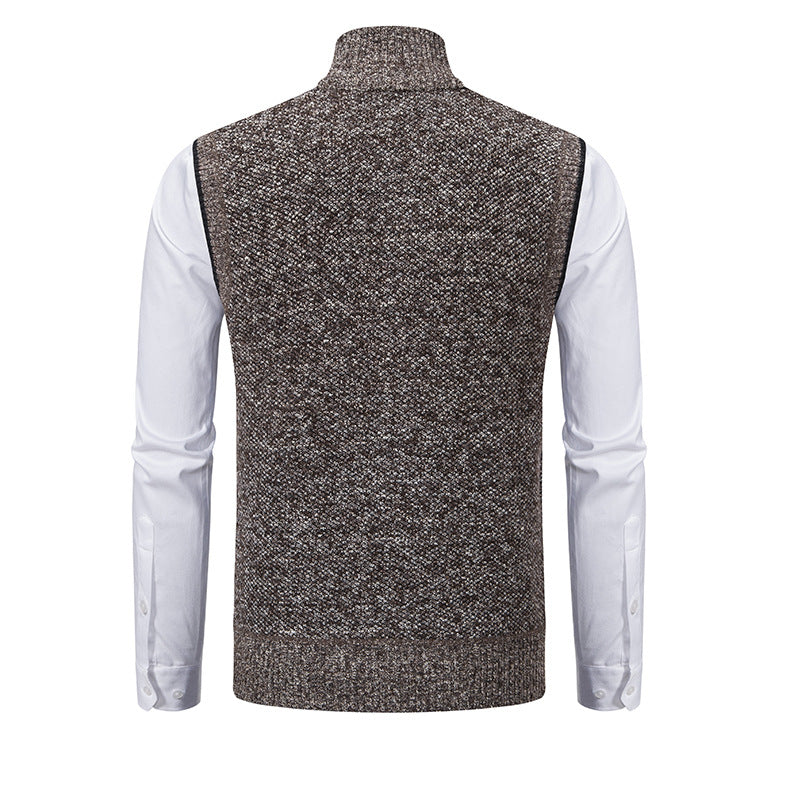 Sleeveless men's knit vest, turtleneck style, a versatile layering top with convenient pockets.