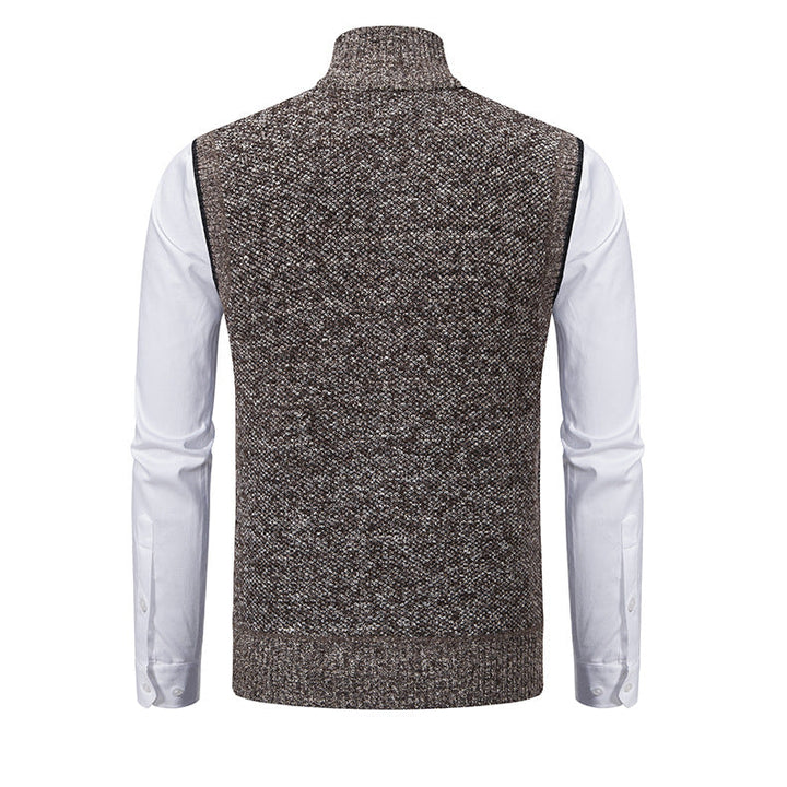 Sleeveless men's knit vest, turtleneck style, a versatile layering top with convenient pockets.