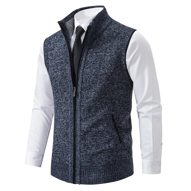 Men's winter knit vest with turtleneck and pockets, great for casual and smart casual looks.