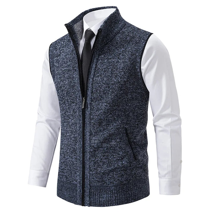 Men's winter knit vest with turtleneck and pockets, great for casual and smart casual looks.