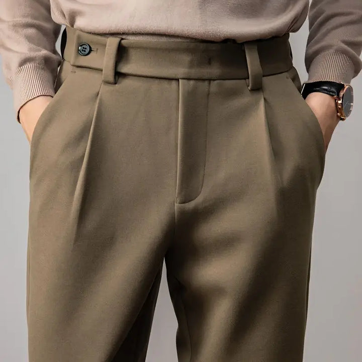 Men's versatile pleated dress trousers in classic black. Wrinkle-resistant & comfortable stretch pants for men.