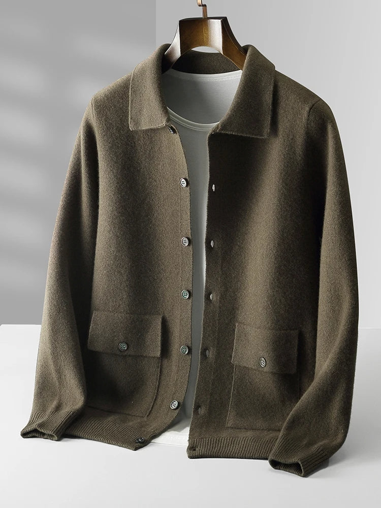 Sophisticated men's relaxed fit cardigan with polo collar, an essential comfortable layering piece.