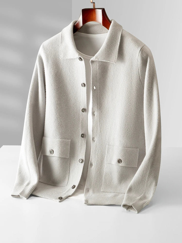 Relaxed fit men's cardigan with a polo collar, offering comfortable style for smart casual mens apparel.