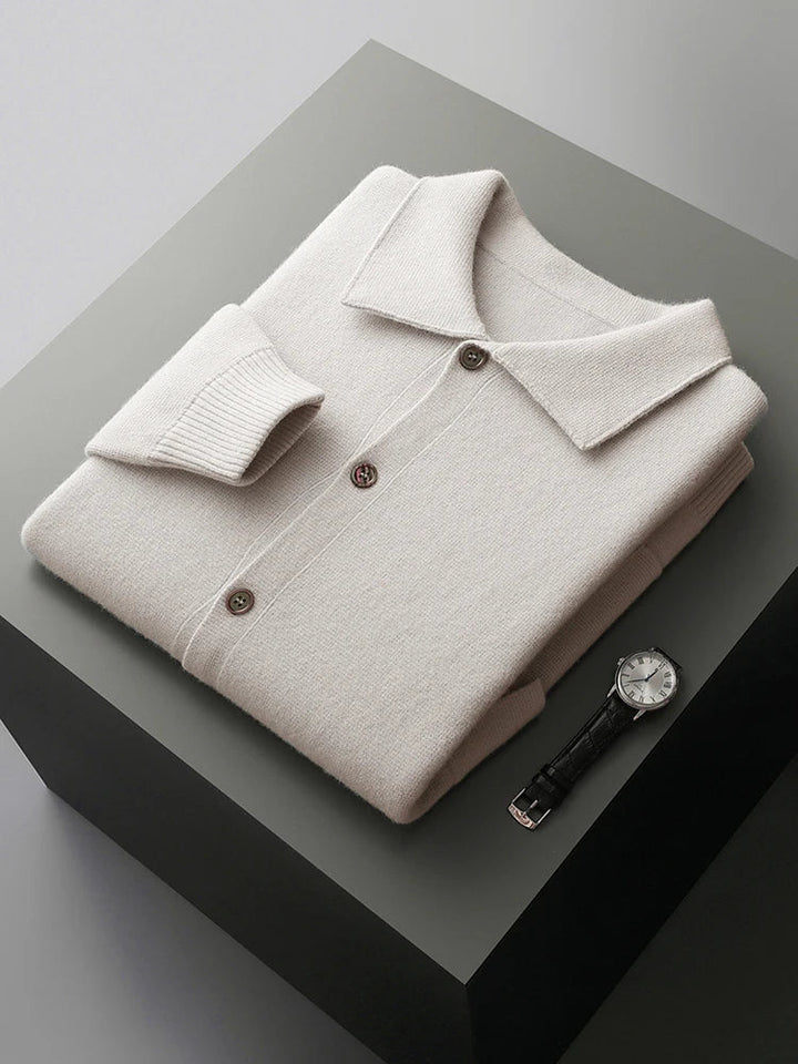 Men's polo collar cardigan in a relaxed fit, a sophisticated and comfortable long sleeve layering piece.