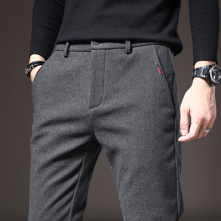 Dark gray men's slim fit stretch trousers, perfect for business casual & everyday wear.