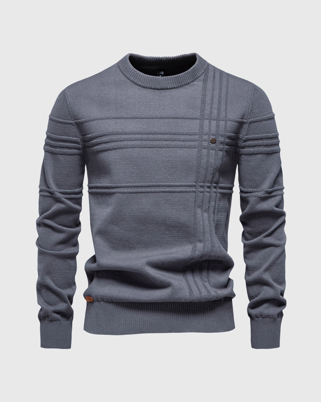 Textured knit crew neck sweater for men, perfect for fall fashion and winter warmth.