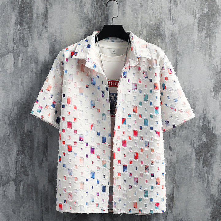 Stylish men's vibrant casual set with frayed accents, modern two-piece outfit for spring and summer leisure.