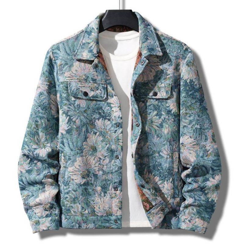 Men's vintage floral button-up jacket, perfect for retro streetwear and casual layering.