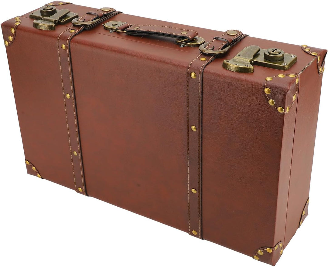 Heritage brown men's vintage leather travel trunk. Stylish carry-on overnight bag with secure clasps.