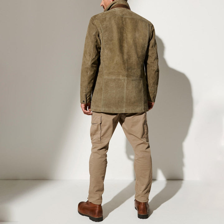 Classic men's vintage reversed collar khaki jacket, a versatile layering piece for timeless men's fashion & everyday style.
