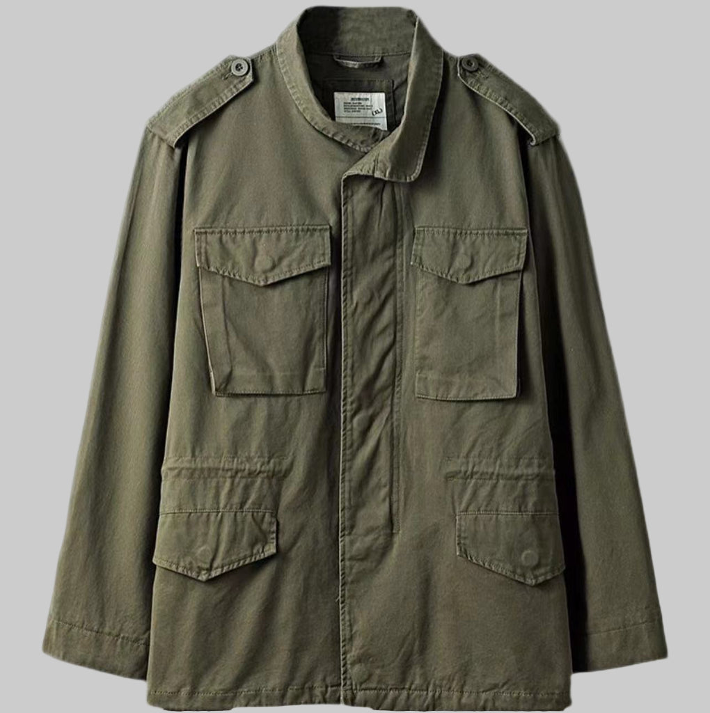 Rugged men's vintage military field jacket, ideal for casual wear & all-season outdoor style. Durable outerwear.