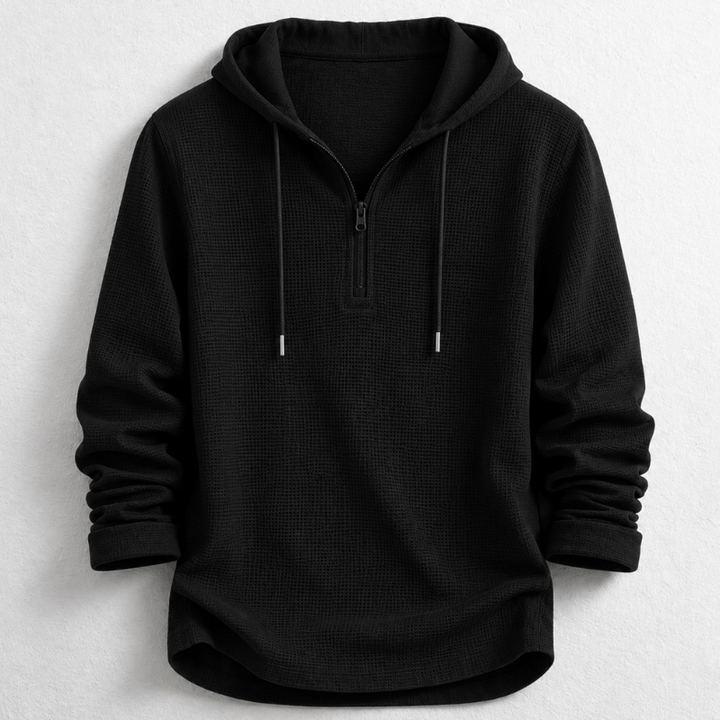 Comfort fit men's waffle knit hooded henley. Quarter zip, long sleeve, ideal for everyday casual wear.