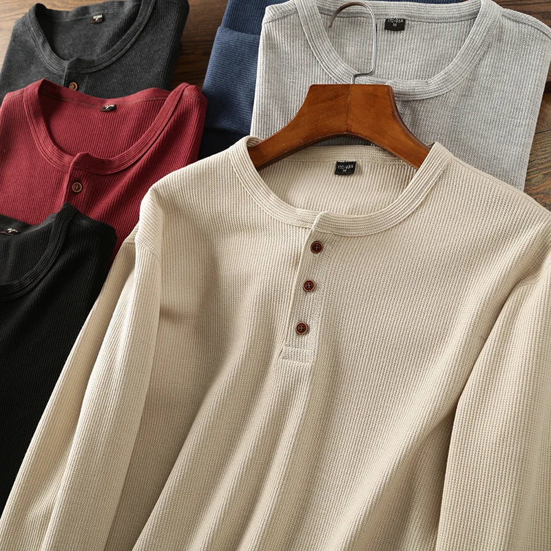 Soft men's waffle knit long sleeve shirt, comfortable for everyday casual wear & versatile layering.
