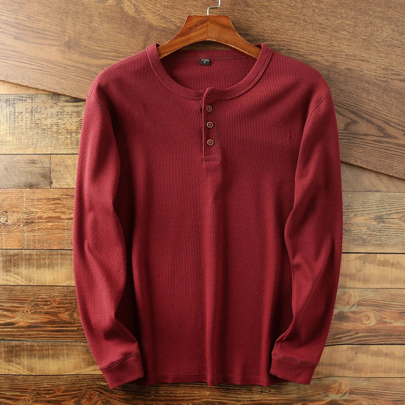 Textured men's waffle knit long sleeve crew neck shirt, perfect for casual everyday outfits & layering.