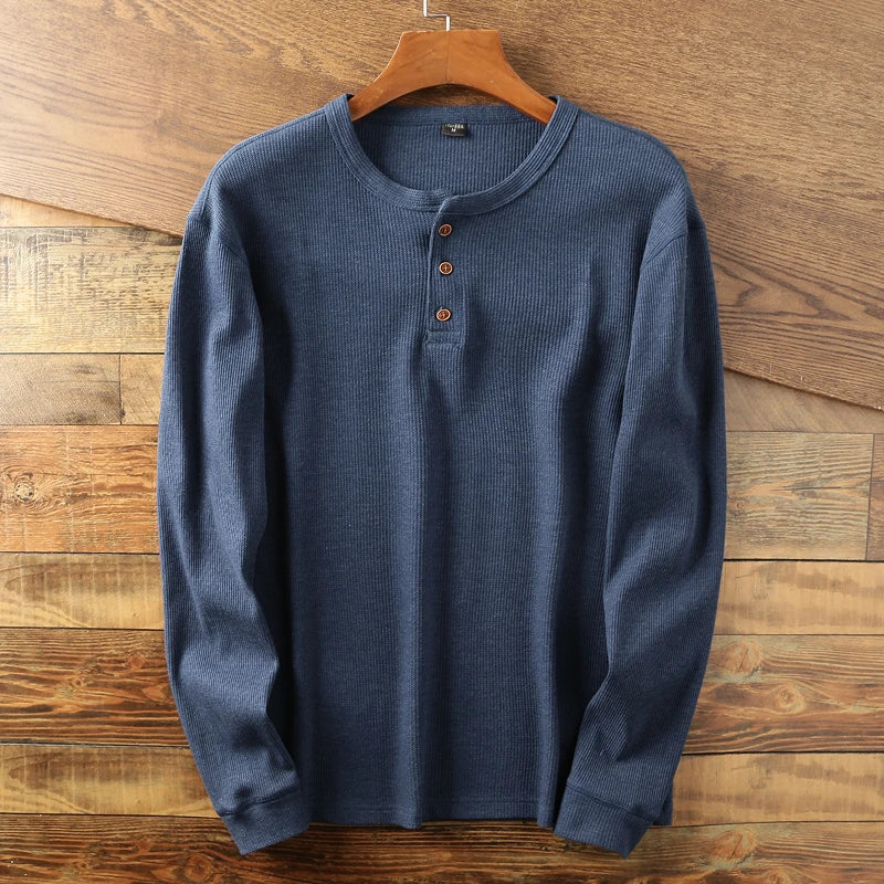 Men's long sleeve waffle knit shirt, a versatile crew neck top for modern casual and everyday wear.